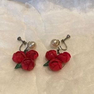 Handmade Red Flower/Rose Clip On Earrings